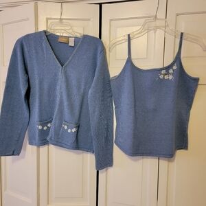Liz Claiborne Light Blue Knit Cardigan & Camisole Set with Floral Embroidery Med